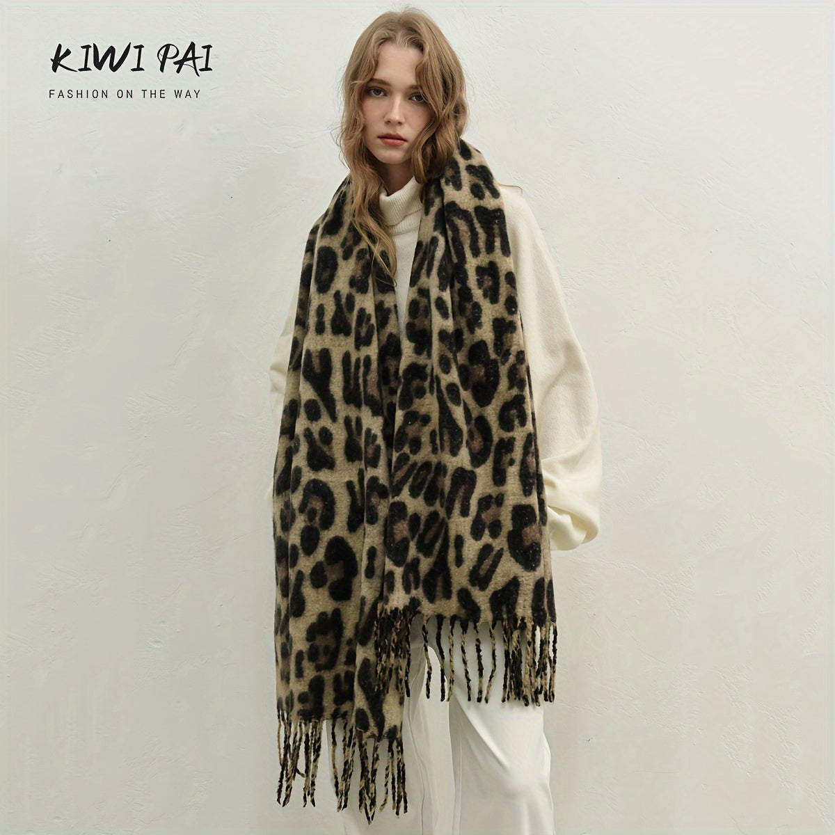 Leopard Print Scarf Cozy Thick Versatile Autumn Winter Polyester Khaki Brown Camel