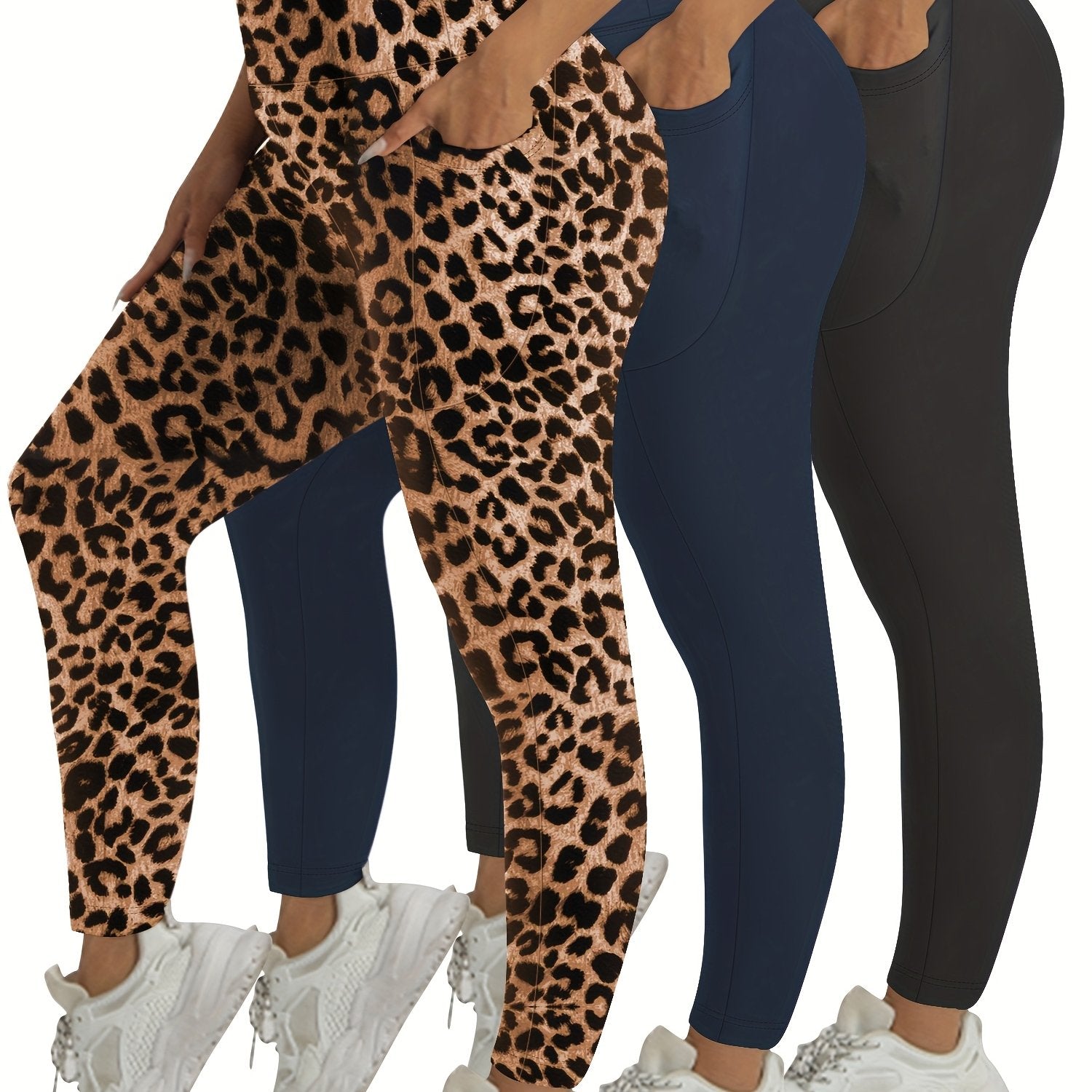 Women's Plus Size Tummy Control Workout Leggings with Pockets High Waist