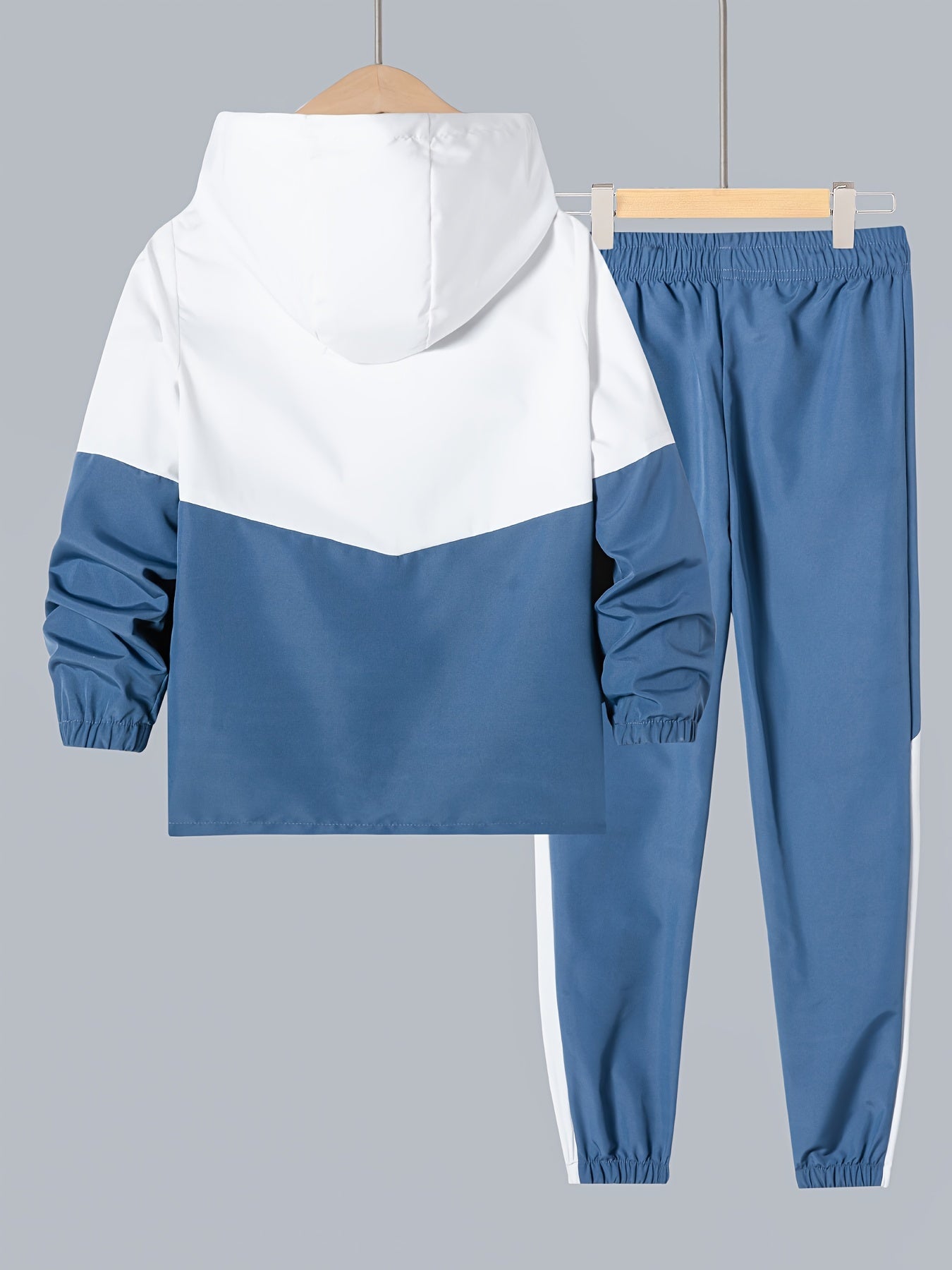 Boys' Color Block Hooded Tracksuit Set - 100% Polyester Long Sleeve Pockets Spring Fall