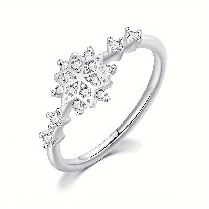 Sterling Silver Promise Ring with Snowflake Design and Zirconia Stones for Engagement or Wedding