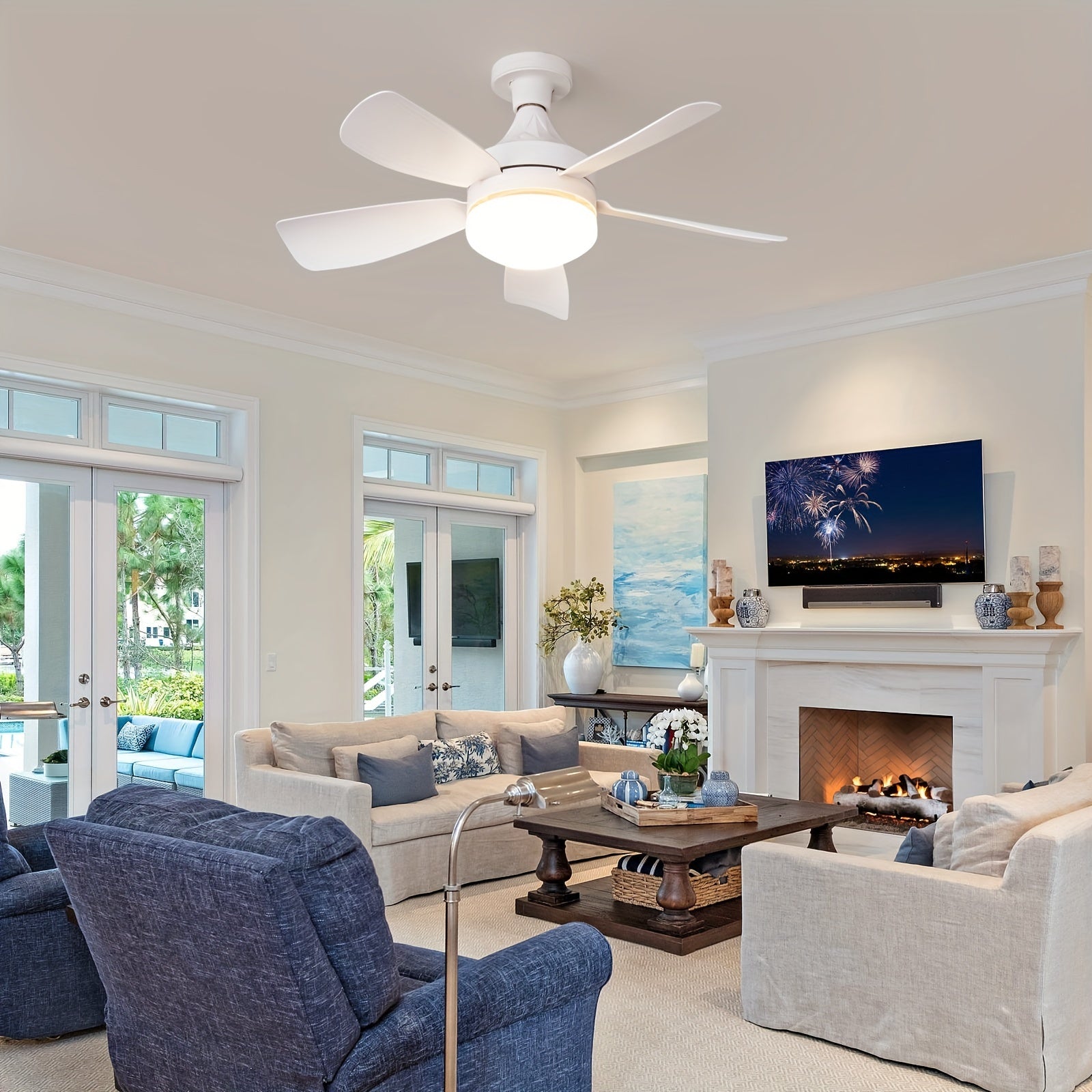 49.78cm Ceiling Fan with Light Remote Control Timer 3 Speeds 3 Color LED for Bedroom Kitchen Living Room