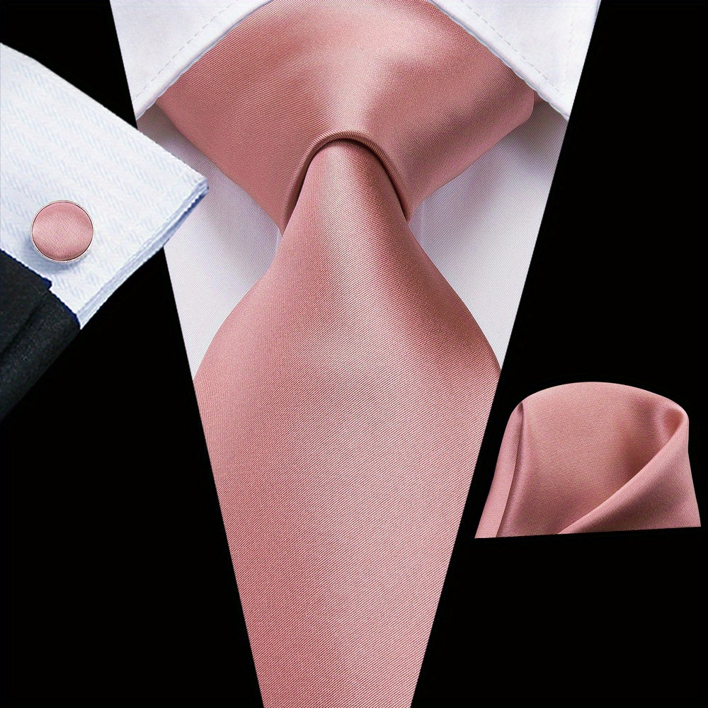 Men's Jacquard Woven Solid Necktie Set with Hanky and Cufflinks for Weddings and Business