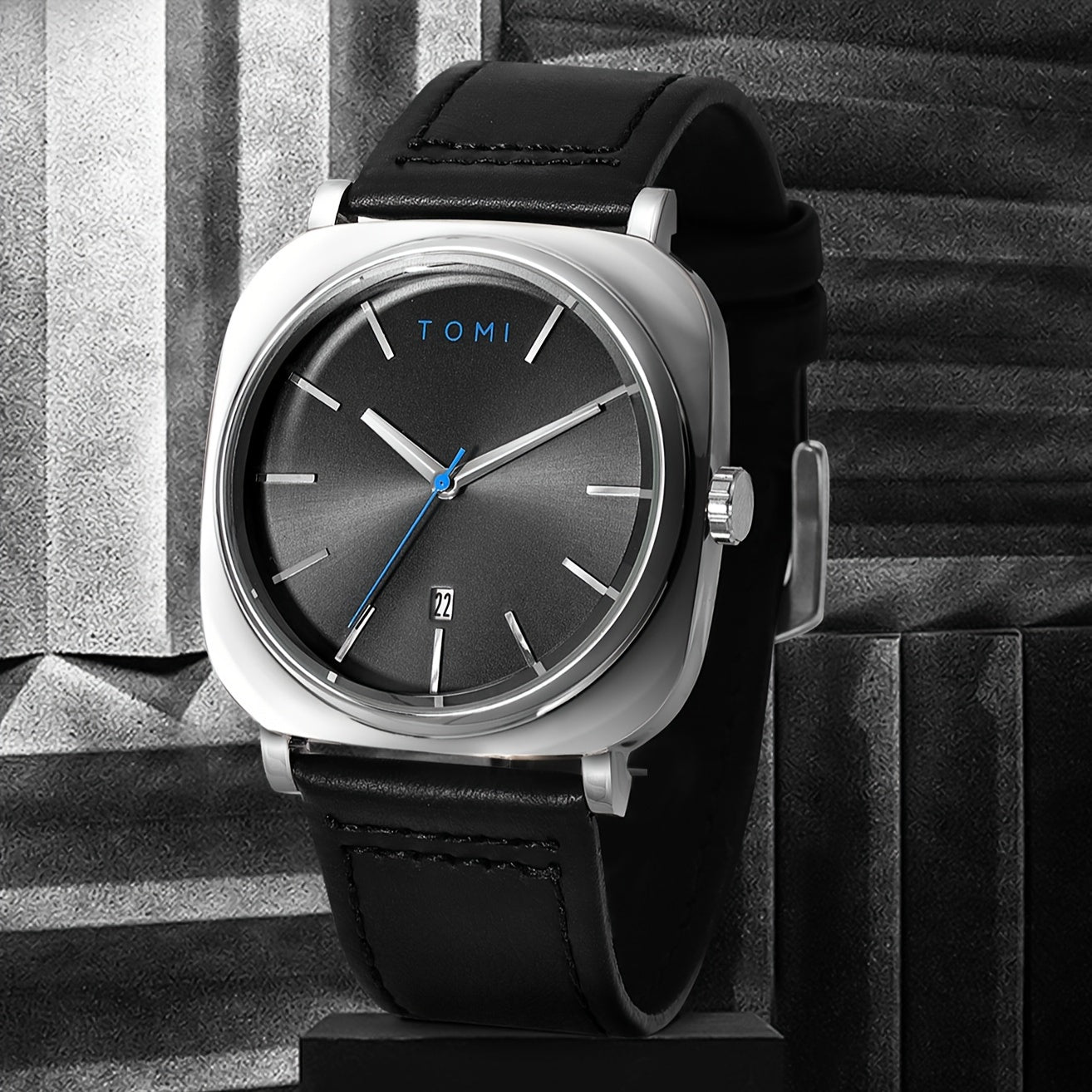 Men's Square Large Plate Calendar Watch with Zinc Alloy Case and PU Leather Band