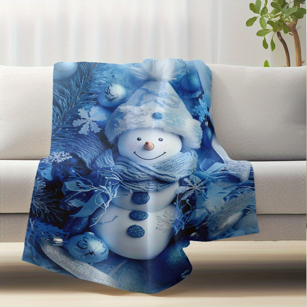 Warm Flannel Fleece Blanket with Snowman Blue Print for Cozy Use All Seasons