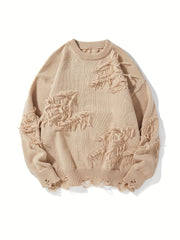 Men's Knit Sweater Long Sleeve Crew Neck Casual Fall Winter Solid Polyester Distressed