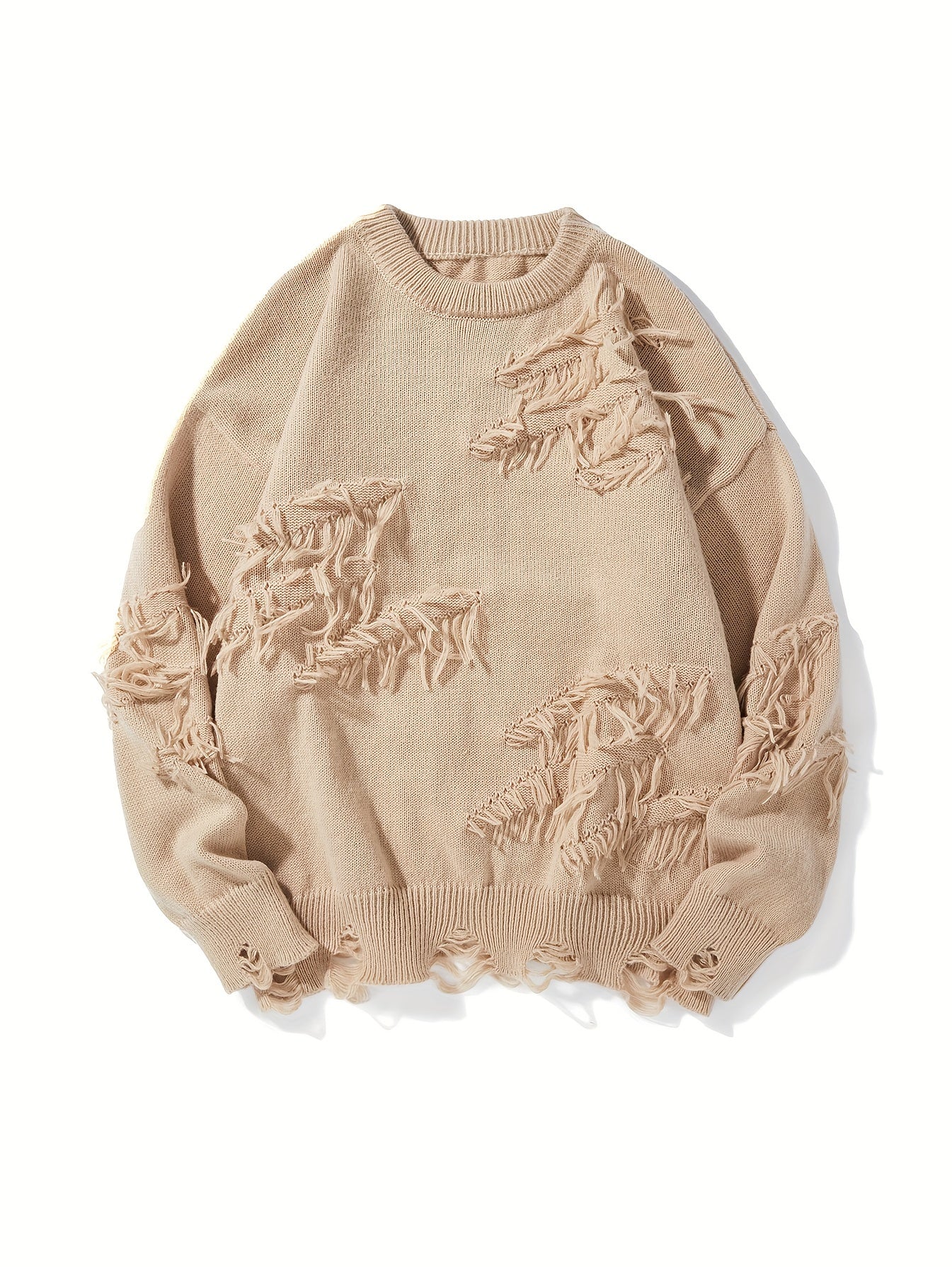 Men's Knit Sweater Long Sleeve Crew Neck Casual Fall Winter Solid Polyester Distressed