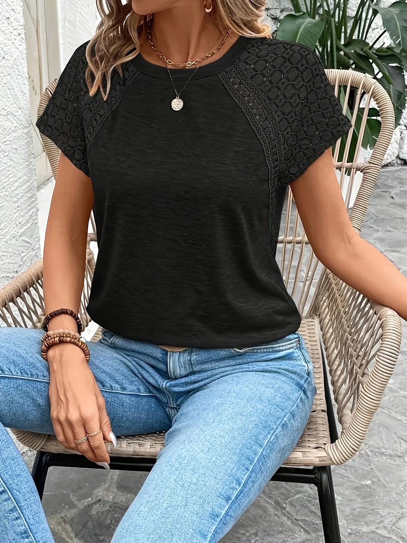 Women's Black Short Sleeve T-Shirt with Lace Detail Polyester Crew Neck Medium Stretch Spring Summer Fall
