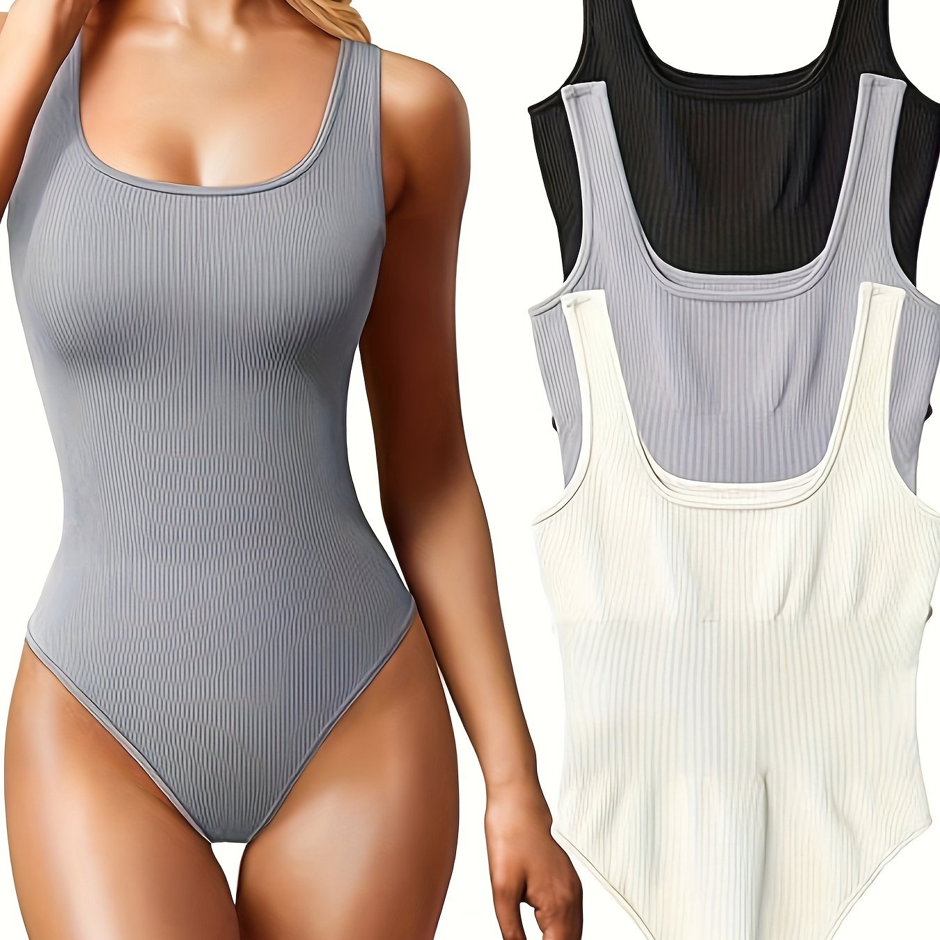 Women's Ribbed Sleeveless Jumpsuit with Square Neck and High Stretch Fabric