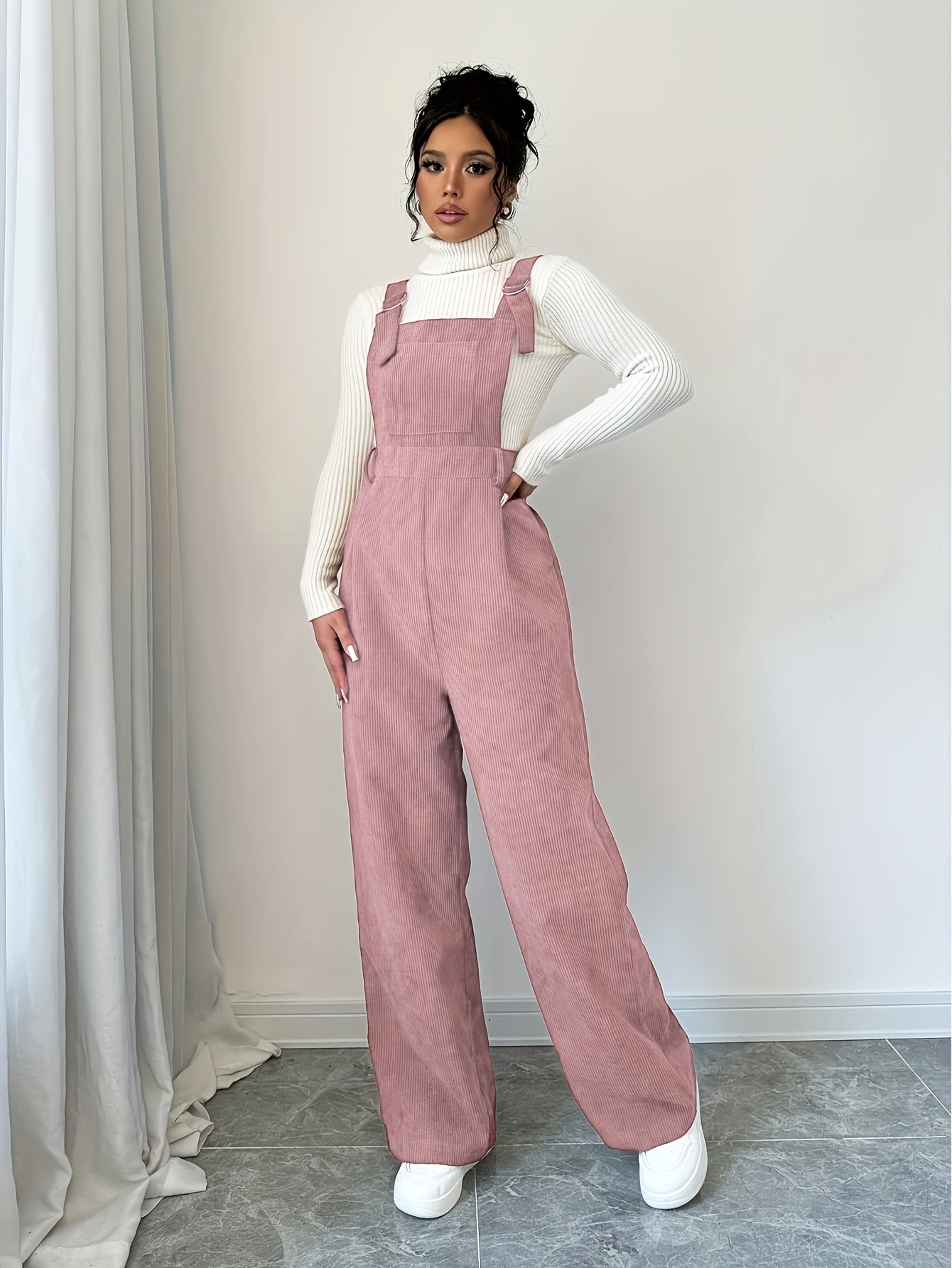 Women's Spandex Polyester Jumpsuit with Wide Straps and Button Details for Fall Winter