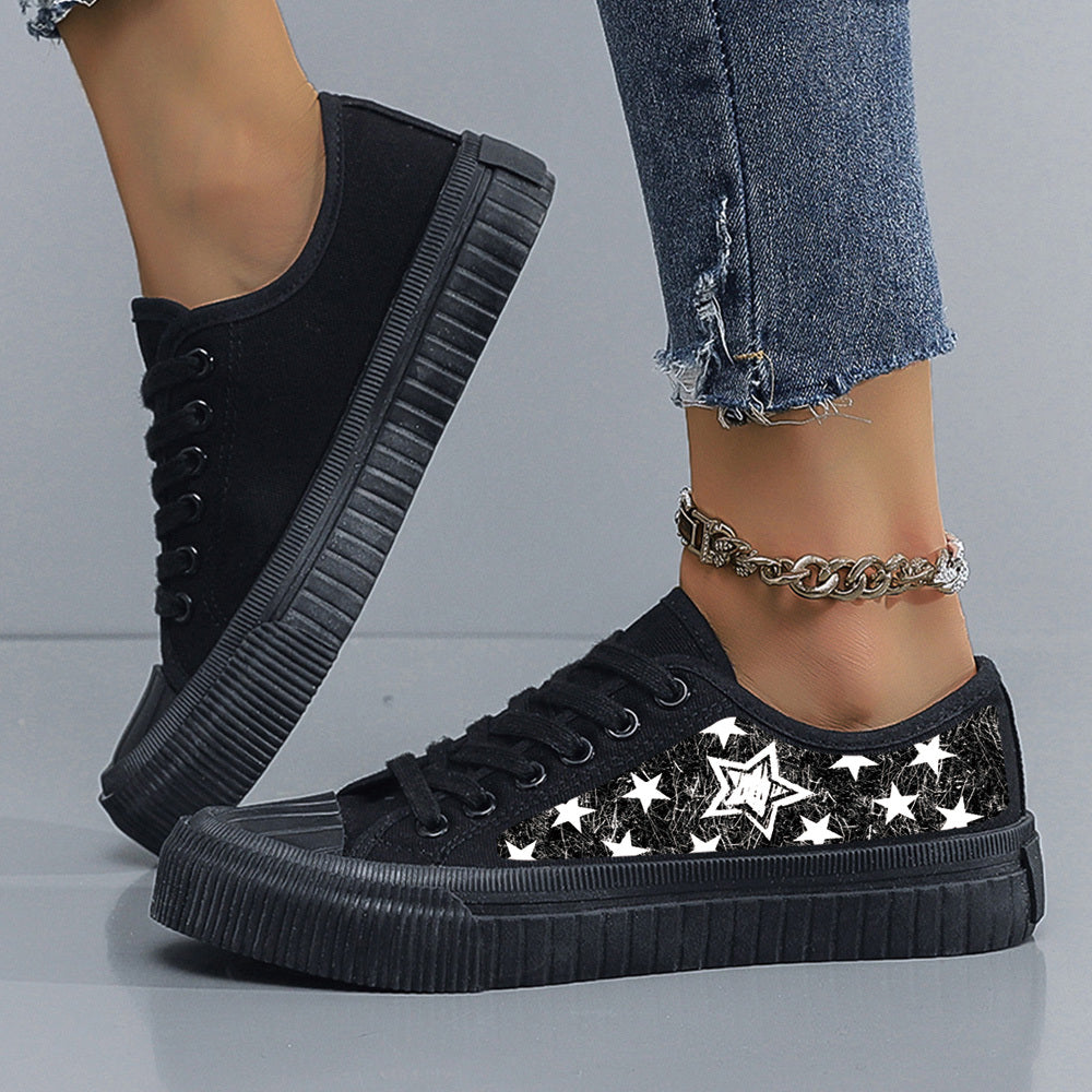 Women's Black White Star Print Casual Sneakers Low-Top Lace-Up Skate Shoes