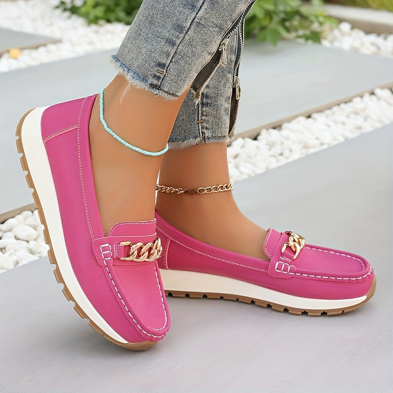 Women's Solid Color Loafers Slip-On Casual Flats with Metal Buckle
