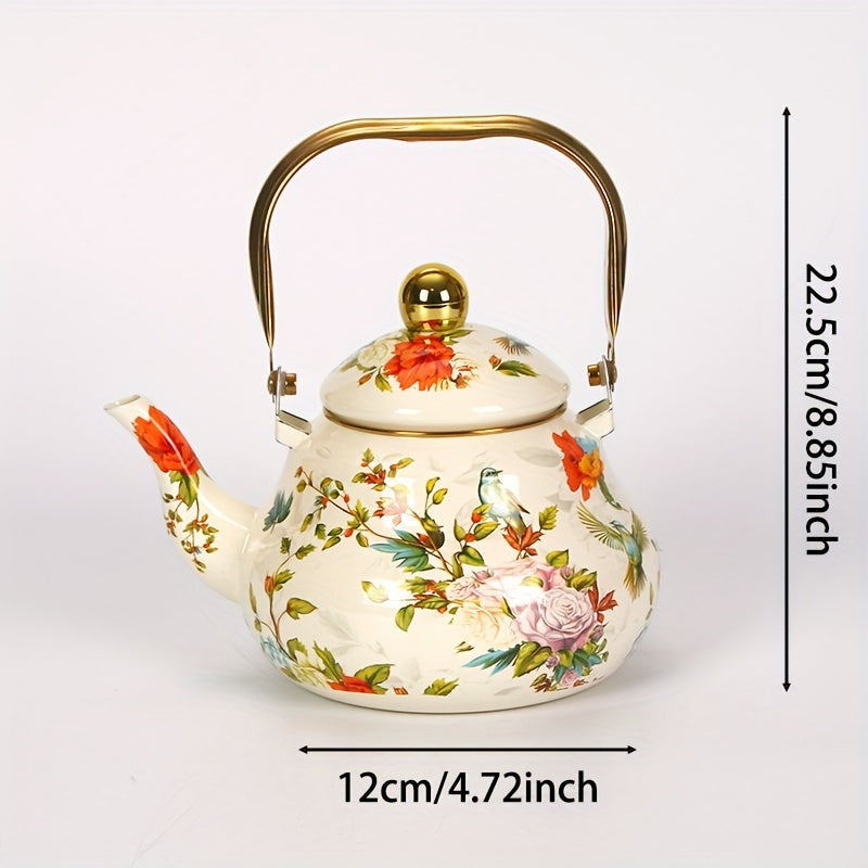 Vintage Enamel Tea Kettle with Gold-Plated Steel Handle 1100W Non-Electric Water Boiler
