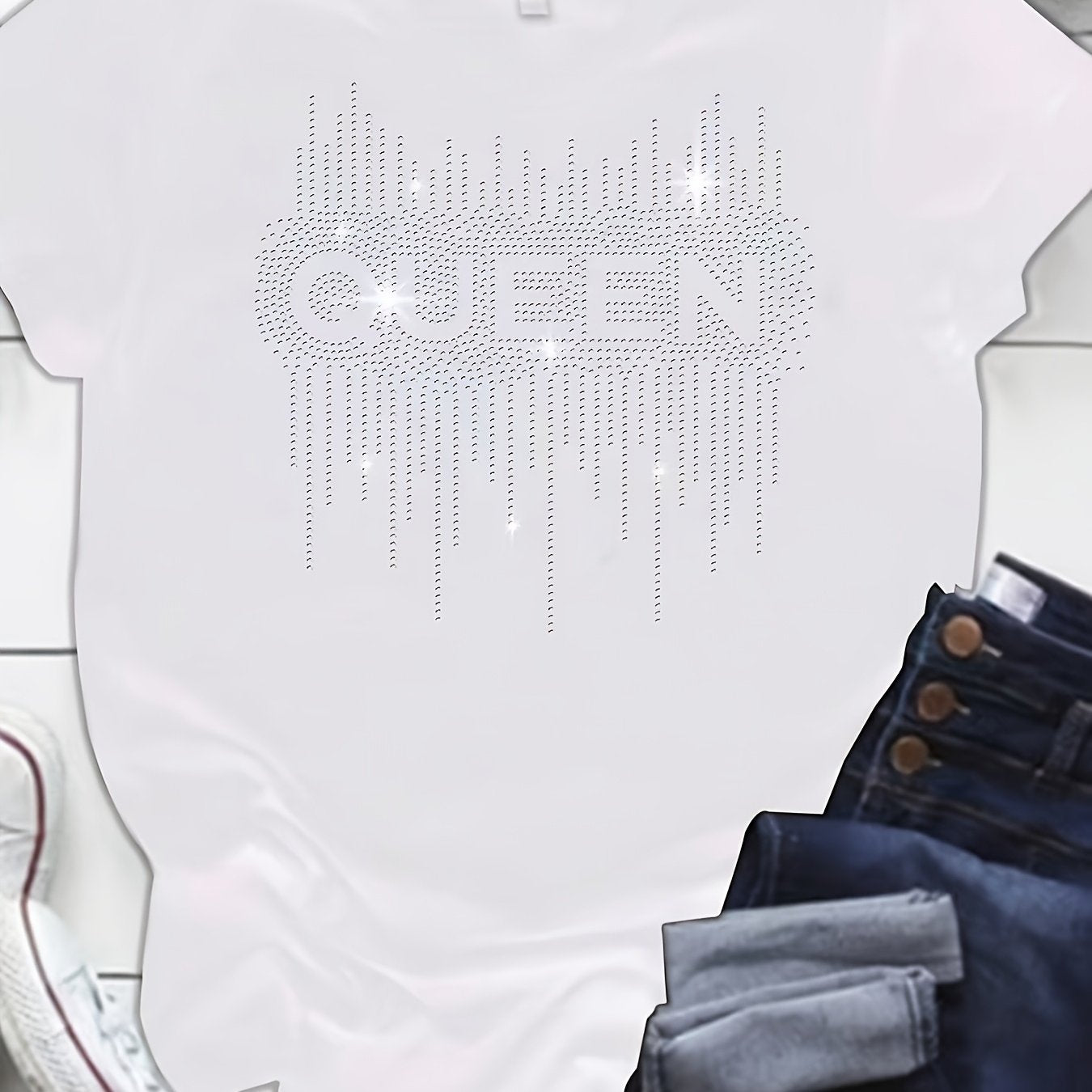 Plus Size Black Diamond Print T-Shirt with Half Sleeves Crew Neck Loose Fit for Women