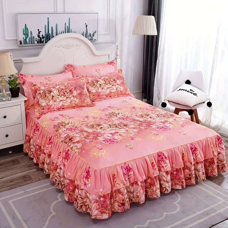 Set of 3 Tropical Floral Bedding Set with Lace Bed Skirt and Pillowcases Ruffled Edges Purple