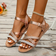 Women's Gladiator Sandals Silver Metallic Straps Rhinestone Flat Footwear