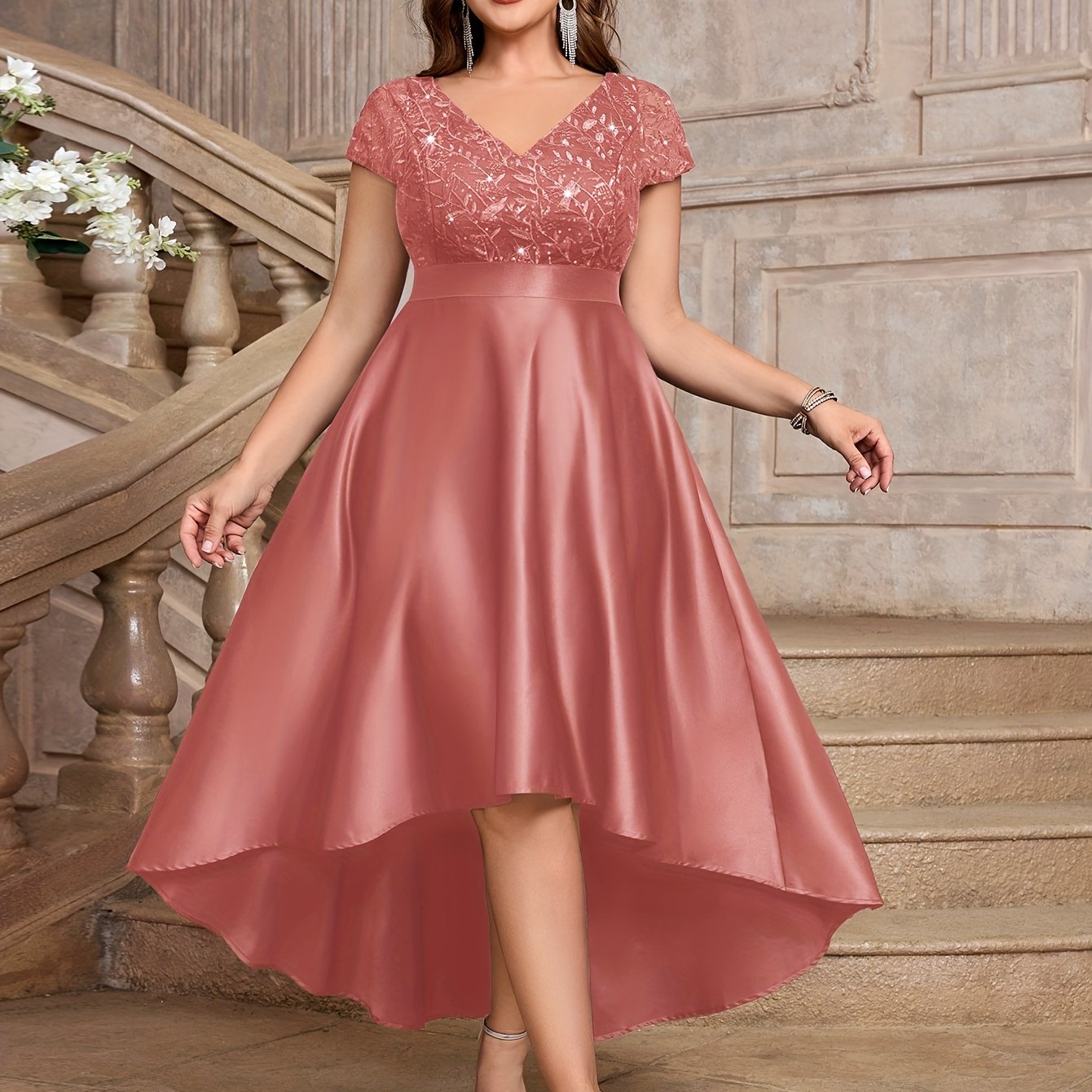 Vestido de talla grande con escote en V, encaje, sin mangas, midi, para fiesta, con purpurina