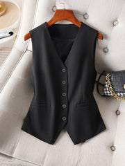 Women's Black Sleeveless V-Neck Woven Polyester Vest for Office and Casual Wear