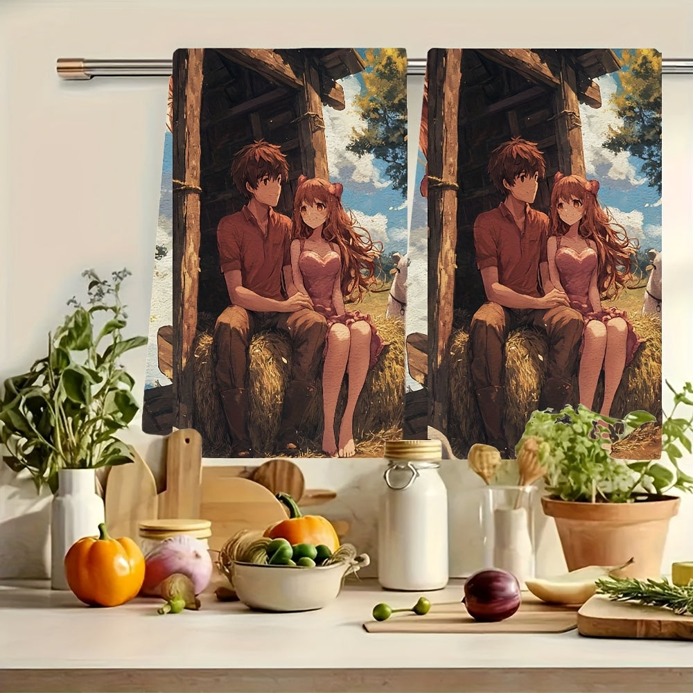 Set of 2 Ultra-Soft Kitchen Towels Anime Couple Heart Hay Bale Farm Absorbent 40x60 cm