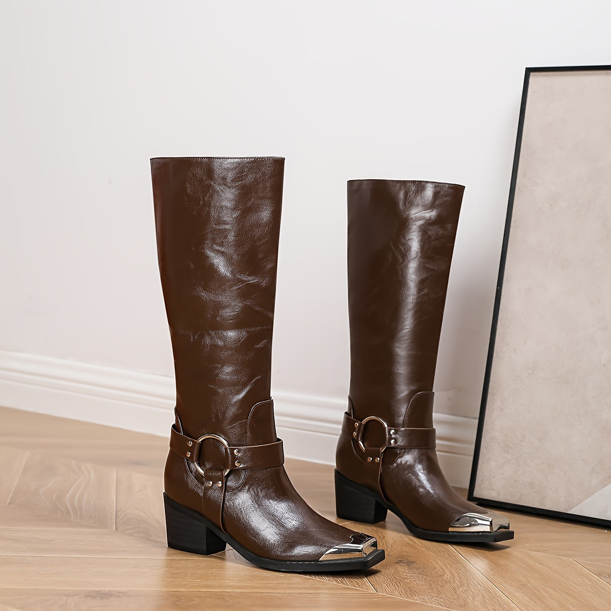 Women's Knee-High Leather Western Cowboy Boots with Buckles and Chunky Heels