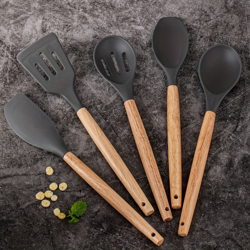 Set of 5 Silicone Kitchen Utensils with Wooden Handles Non-Stick Food-Safe Easy to Clean