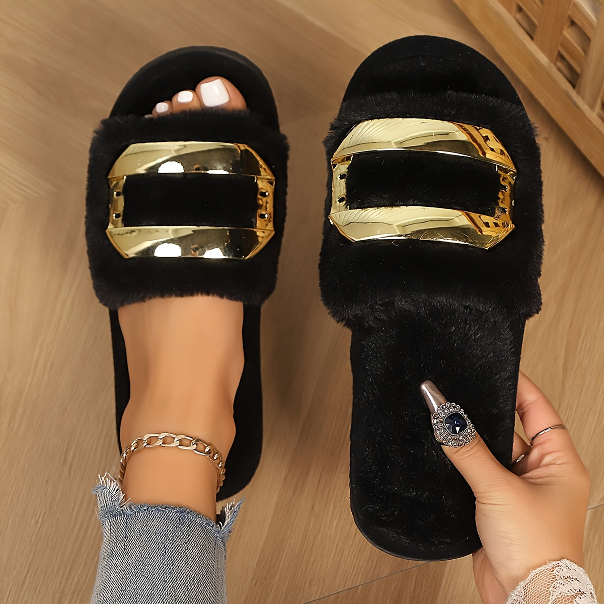 Women Black Satin Slip-On Slippers with Gold Floral Applique