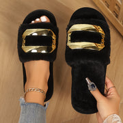 Women Black Satin Slip-On Slippers with Gold Floral Applique