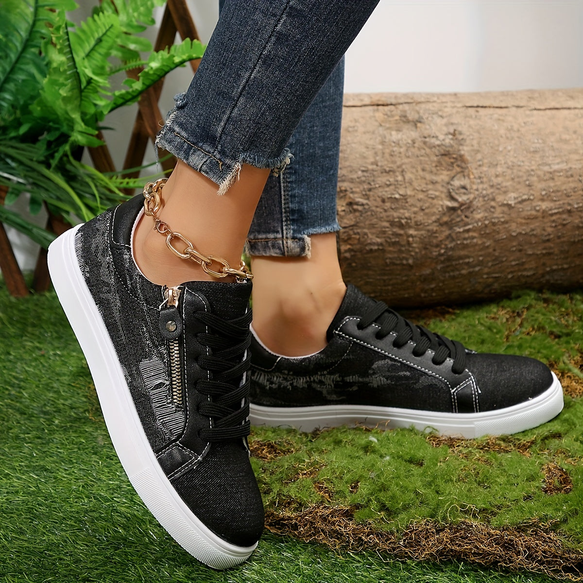 Women's Denim Flat Sneakers Casual Lace-Up Low Top Skate Shoes