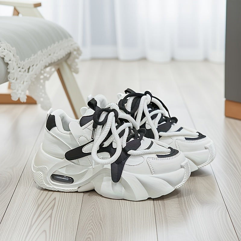 Women’s Chunky Platform Dad Shoes Beige Brown PU Sneakers All-Season Comfort