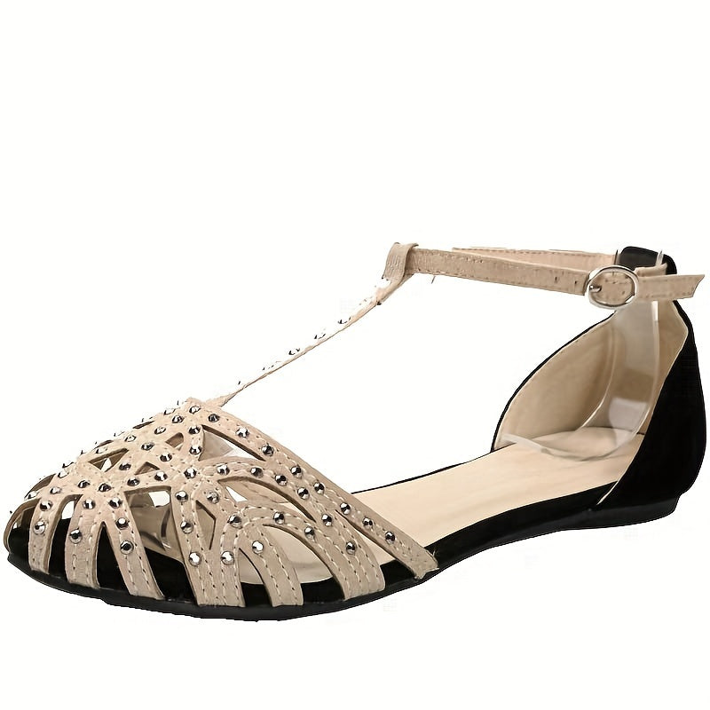Women's Rhinestone Decor Flat Sandals Closed Toe T-Strap Ankle Strap