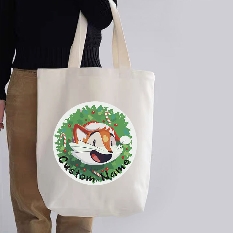Custom Canvas Tote Bag with Santa Claus and Reindeer Design, Reusable Shoulder Bag for Shopping and Beach