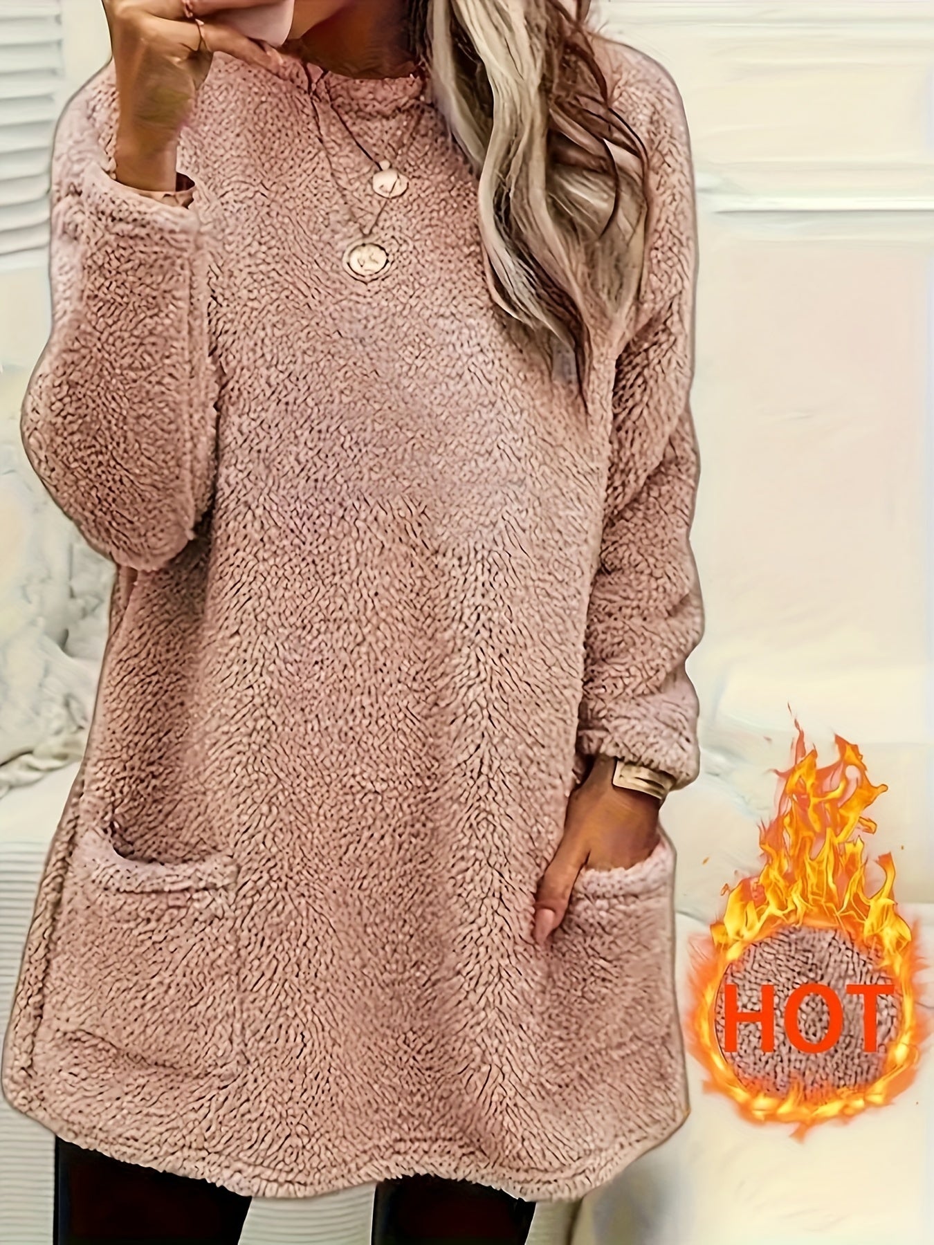 Women's Fleece Top with Pockets Long Sleeve Crew Neck Fall Winter Casual Solid