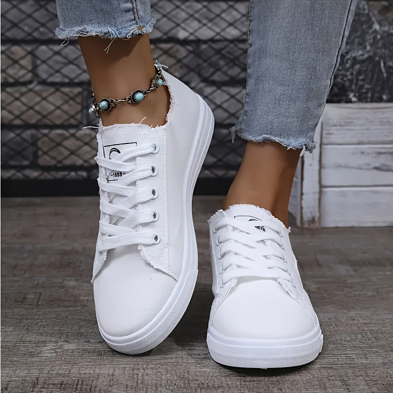 Women's Flat Casual Shoes, Plain Color Low-Top Lace-up Trainers