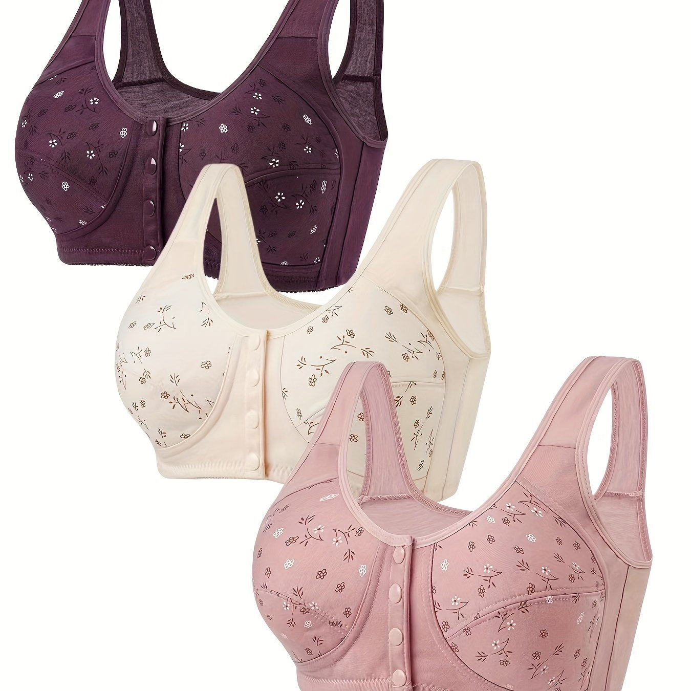 Set of 3 Floral Print Wireless Bras for Women Comfortable Breathable Front Closure
