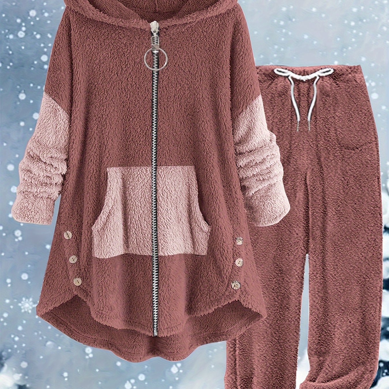 Ayollar uchun ikki qismli to'plam: Katta o'lchamdagi rangli blokli mo'ynali palto va mos keladigan sport shimlari