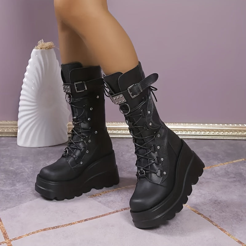 Unisex gotik punk platform o'rta tizza botinkalar, burqalar bilan, qish uchun