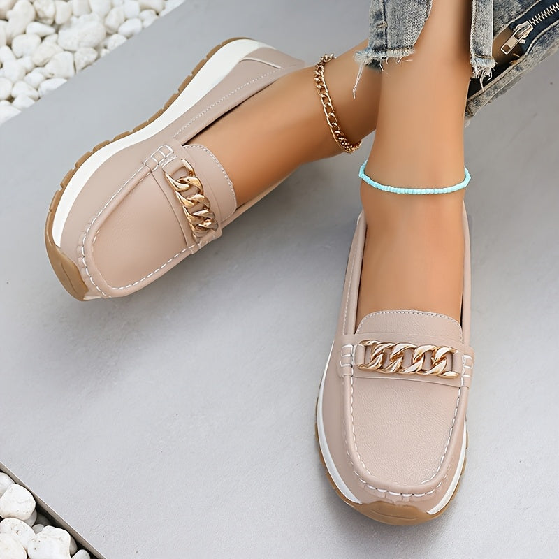 Women's Solid Color Loafers Slip-On Casual Flats with Metal Buckle