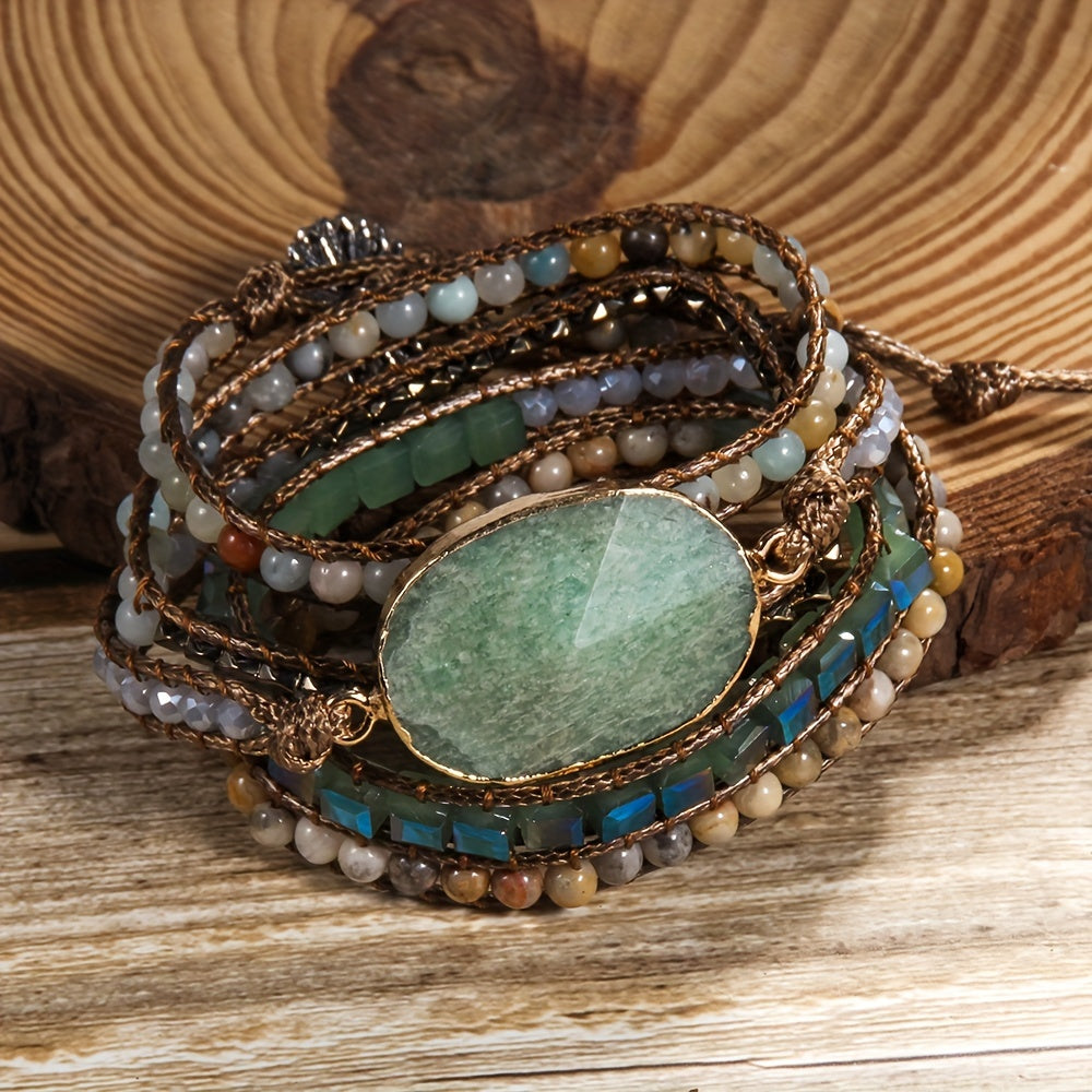 Pulsera ajustable bohemia de vacaciones con cuentas de piedra natural, hematita de vidrio, 5 hilos, corazón naranja, conexión gris