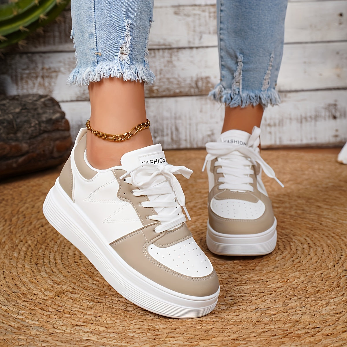 Women’s White Casual Lace-Up Sneakers Flat Shoes with Thick Sole