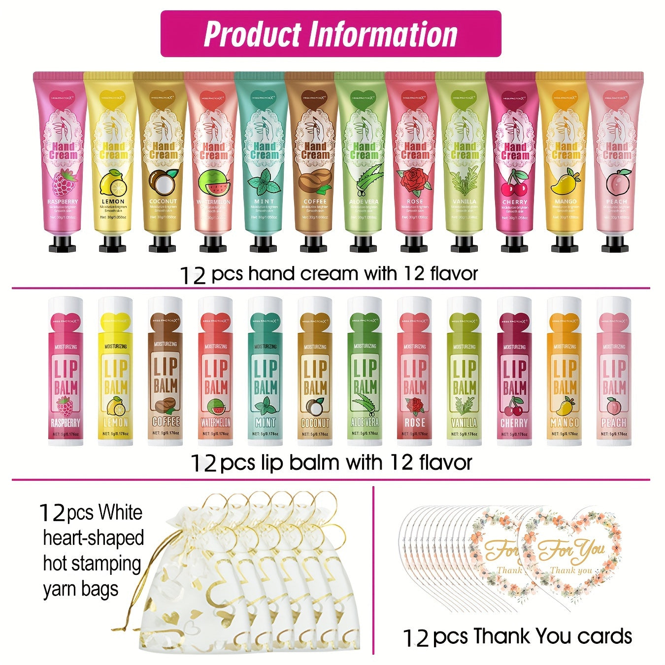 12-Piece Hand Cream and Lip Balm Gift Set with Hyaluronic Acid Glycerin Floral Scented in Heart-Shaped Pouches for Weddings and Events