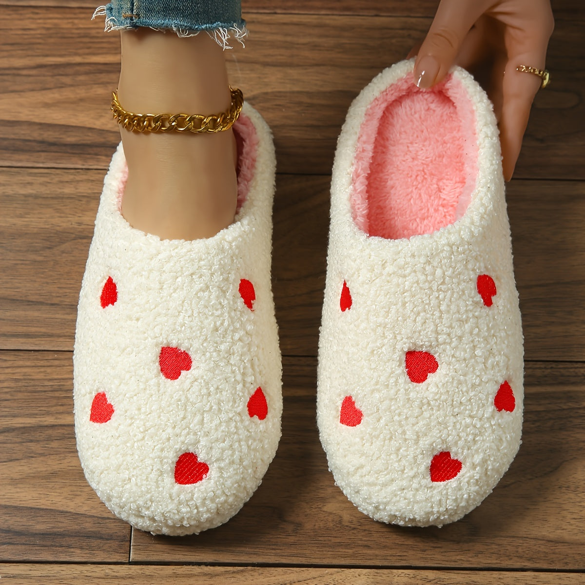 Pantuflas de tela bordada con corazón para mujer, uso en interiores, para todas las estaciones