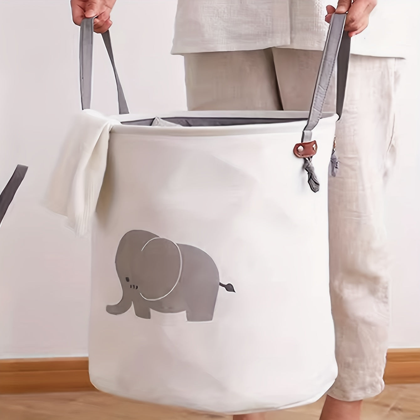 Elephant Print Laundry Basket Circular Storage Bin for Clothing Toys Bedroom Bathroom