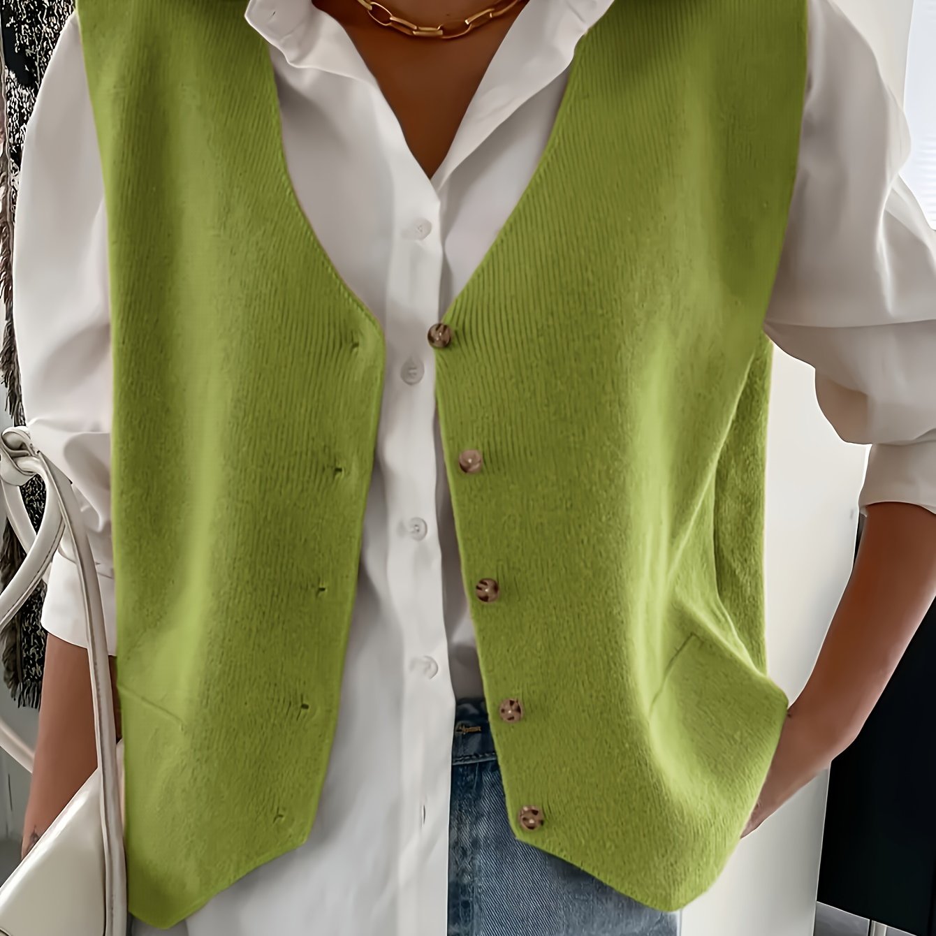 Women V-Neck Knit Cardigan Polyester Solid Color Fall Winter Coat