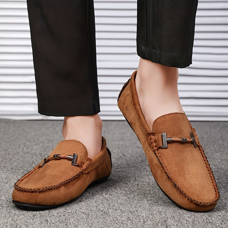 Men's Leather Loafers with Metal Accent Casual Slip-On Shoes for Street Wear