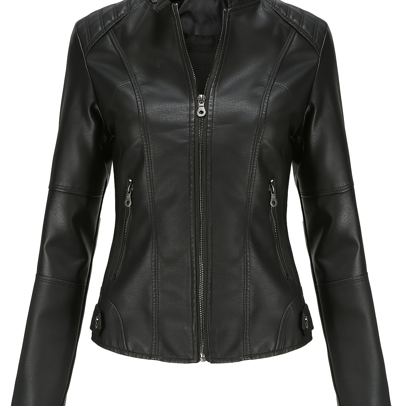 Women's Beige Biker Style Jacket for Spring Fall Zipper Stand Collar Pockets