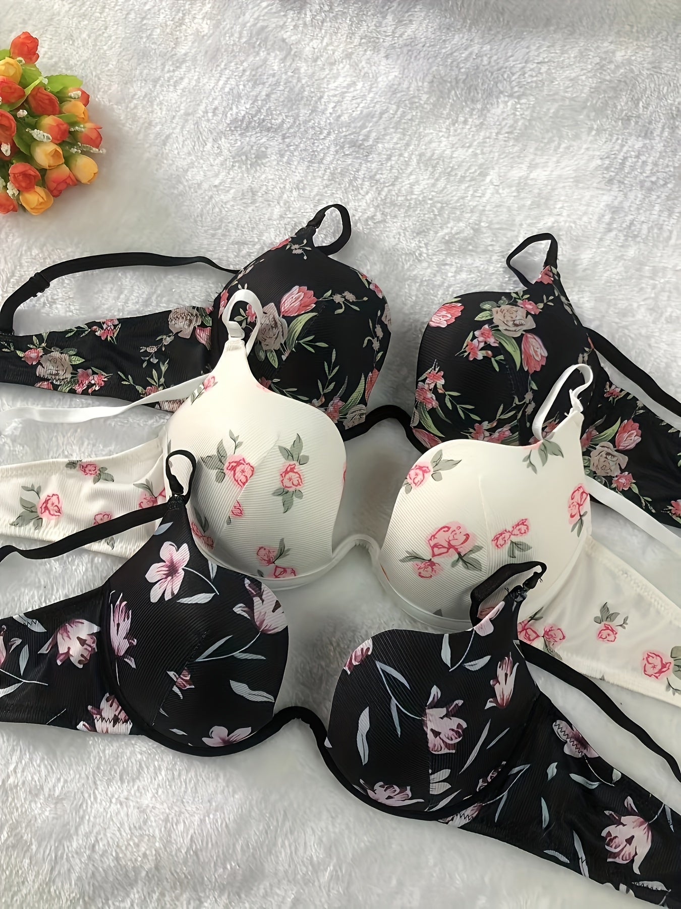 Three Pack Floral Lingerie Bras for Adults Polyester Elastane Knit Fabric U-Shape Scoop Non-Removable Padding Underwire