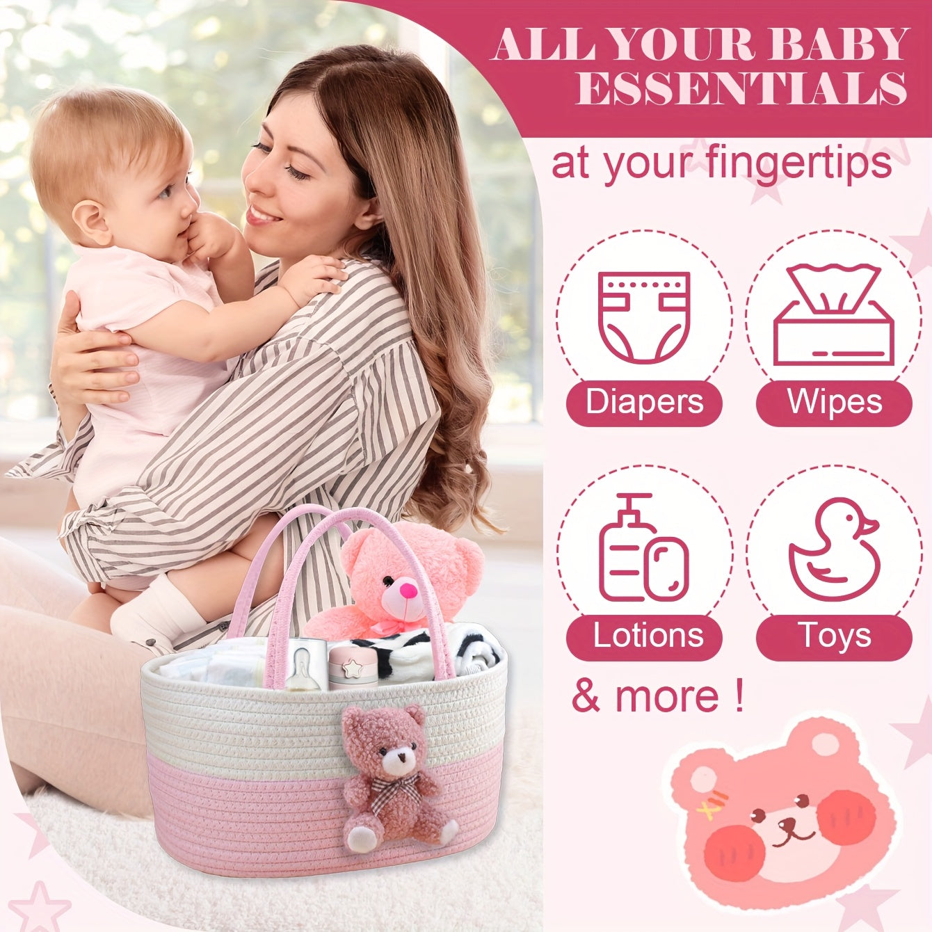 Nursery Diaper Caddy with Handles Storage Basket for Diapers Wipes Toys