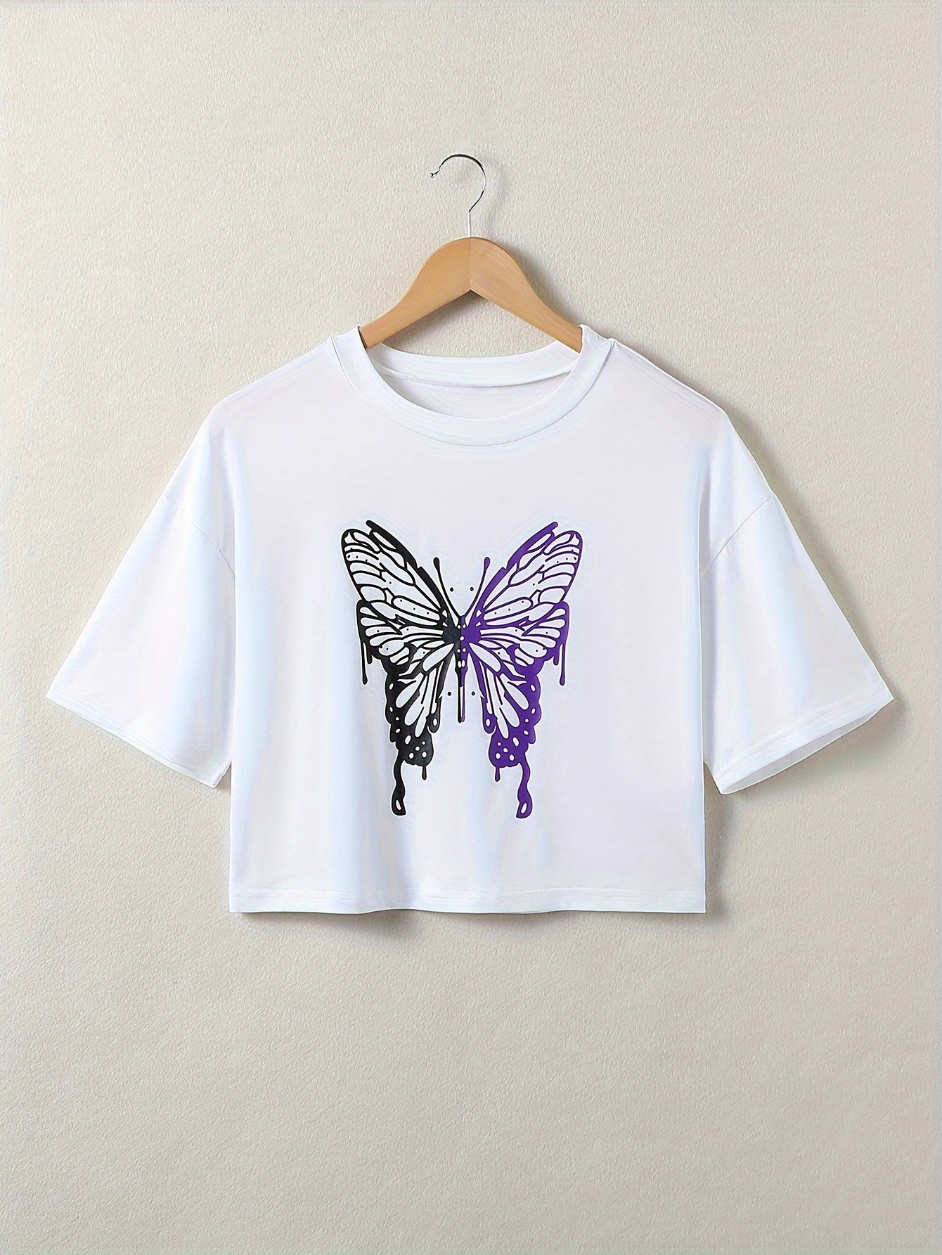 Women's Butterfly Print Lounge Tops Short Sleeve Crew Neck All-Season Knit Fabric