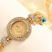 Gold-Plated Copper Bangle with Rhinestones and Evil Eye Motif for Women