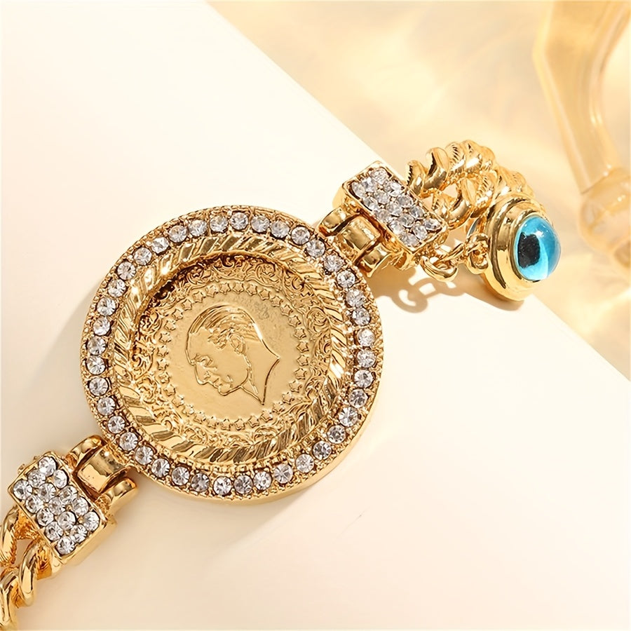 Gold-Plated Copper Bangle with Rhinestones and Evil Eye Motif for Women
