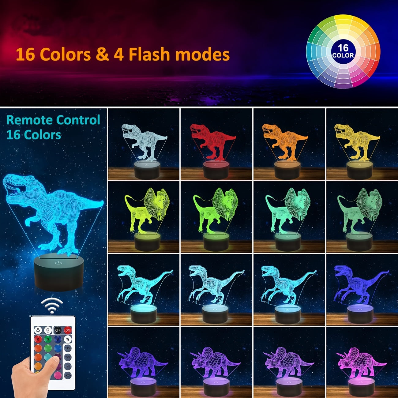 4pcs T-Rex Dinosaur 3D Night Light with 16 Colors Remote Control Dimmable Gift